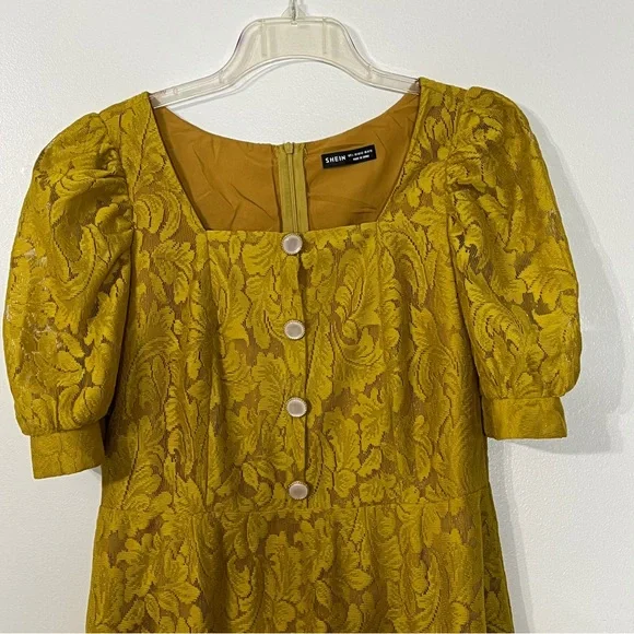 Shein Lace Button Front Puff Sleeve A-Line Dress - Picture 3 of 8